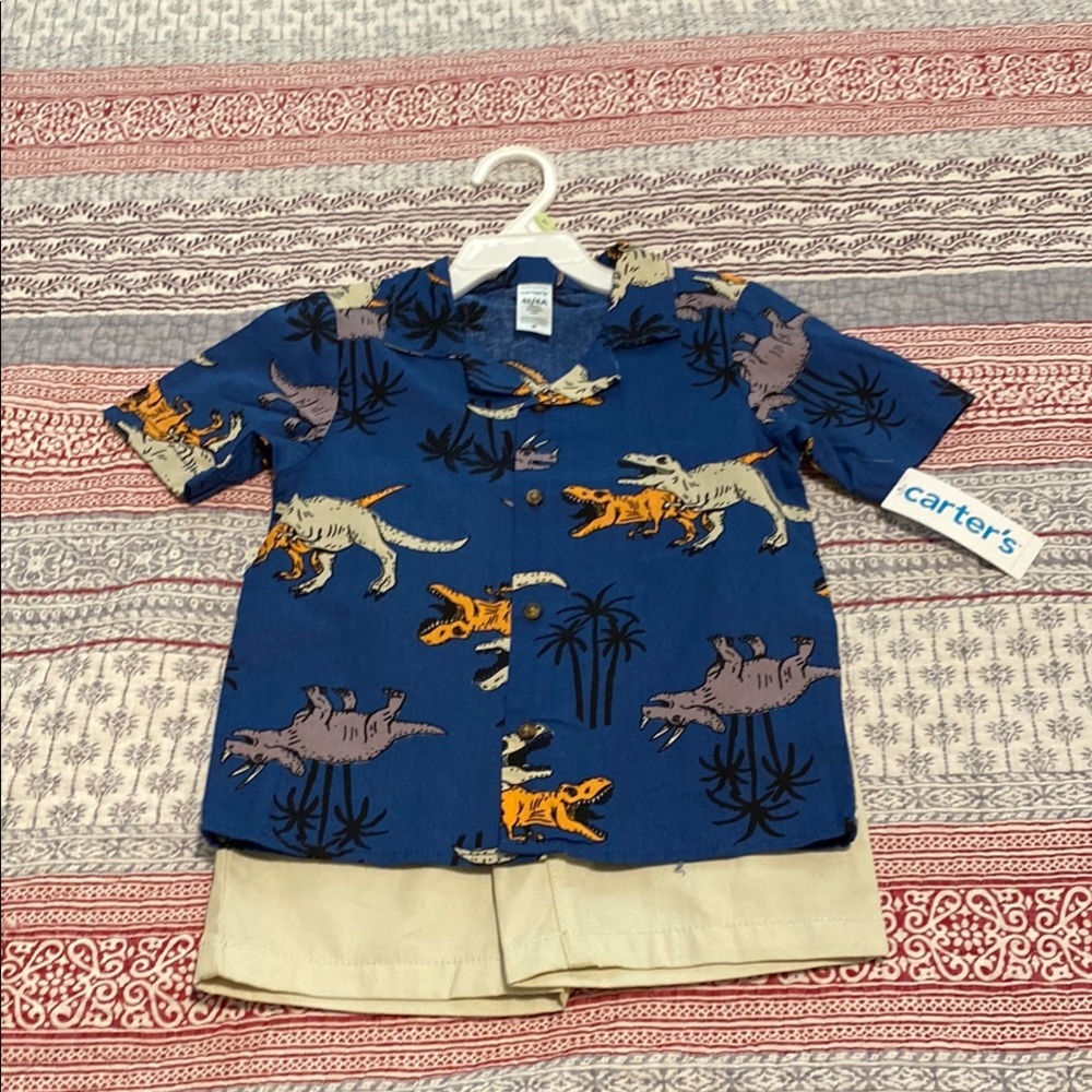 Carter's Blue Dinosaur Print Shirt and Beige Shorts Set